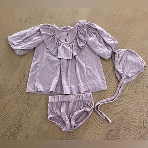 Kate Quinn Bamboo blouse & bloomer lilac set with bonnet size 3-6 month purple